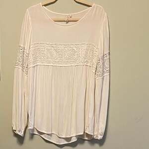 Red Camel White Gauze Boho Crochet Lace Inset Top, Romantic, Sz. XL